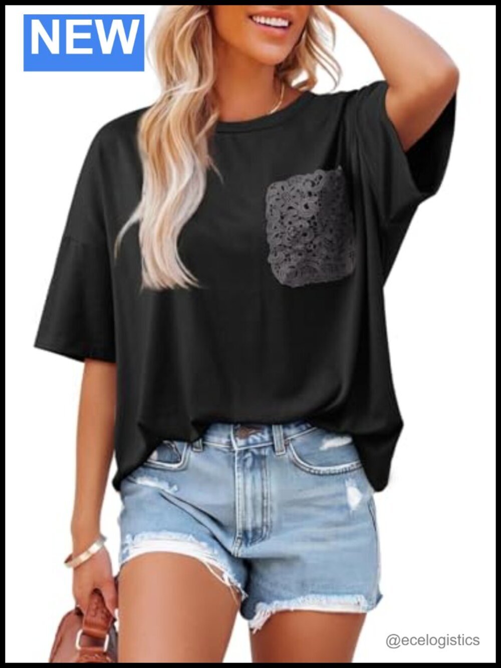 Oversized Casual T Shirt with Lace Pocket